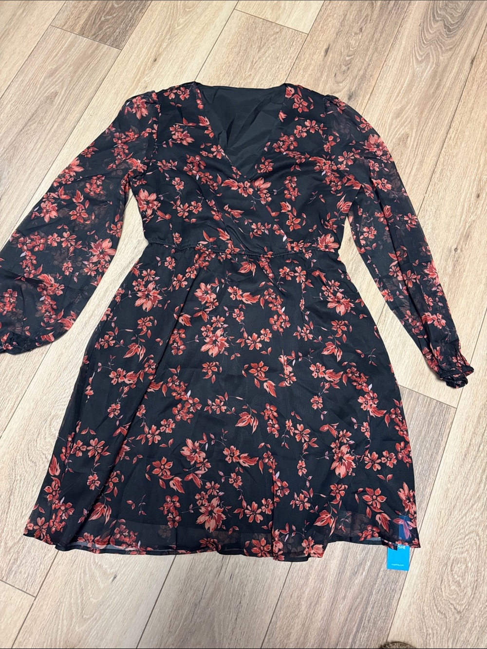 Cupshe NWT L Floral Black & Rust SHEER Long-Sleeve V-Neck WRAP Mini Dress